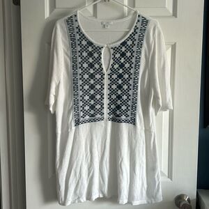 J. Jill Linen Embroidered Prairie Knit Blouse Size XL